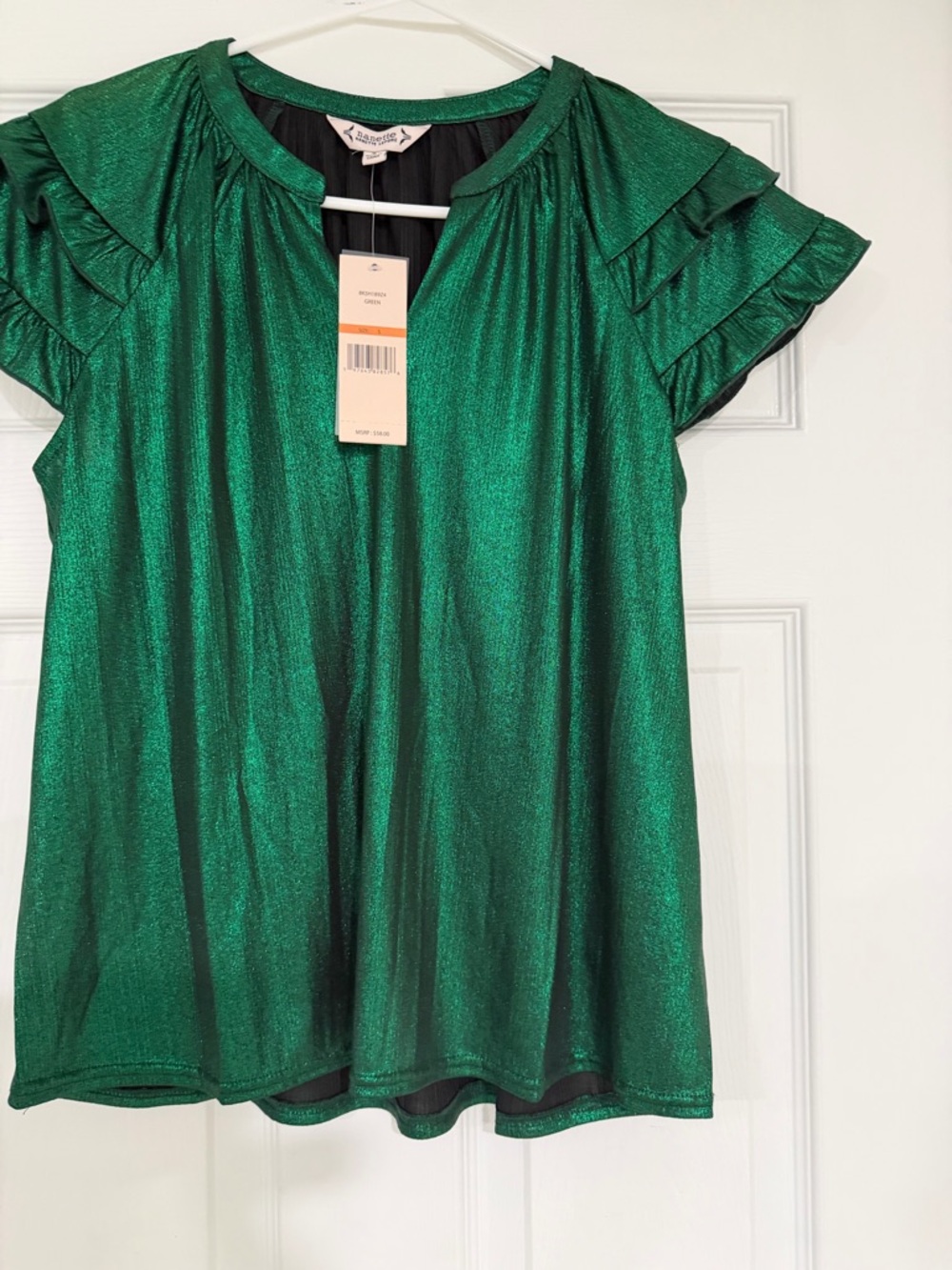 Nanette Lepore Emerald Green Metallic Ruffle Sleeve Blouse